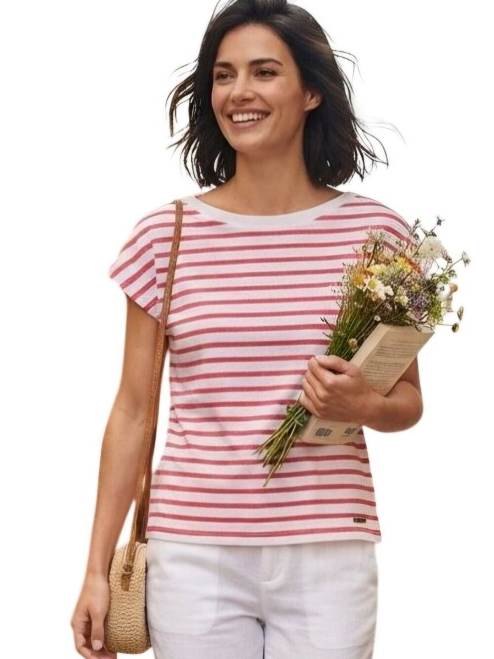 Saint James Red Striped Trimmed Shoulder Shirt Sleeve Tee Nautical Size 6